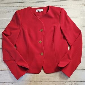 Calvin Klein Red Collarless Curved Lapel Blazer With‎ Gold Tone Buttons Size 10